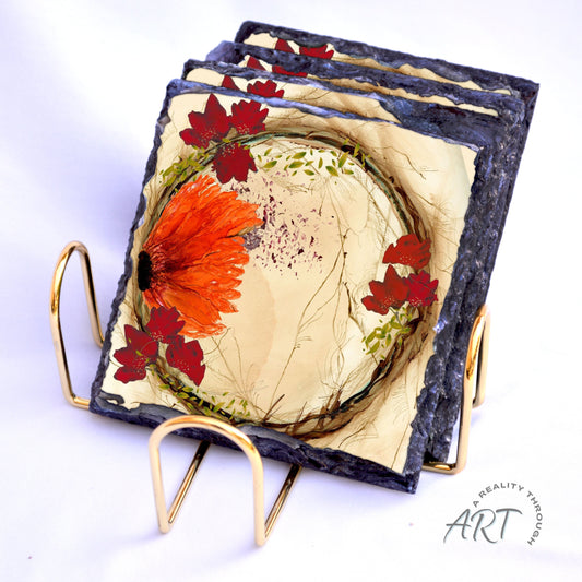 Orange Fall 4"x4" Square Slate Coasters